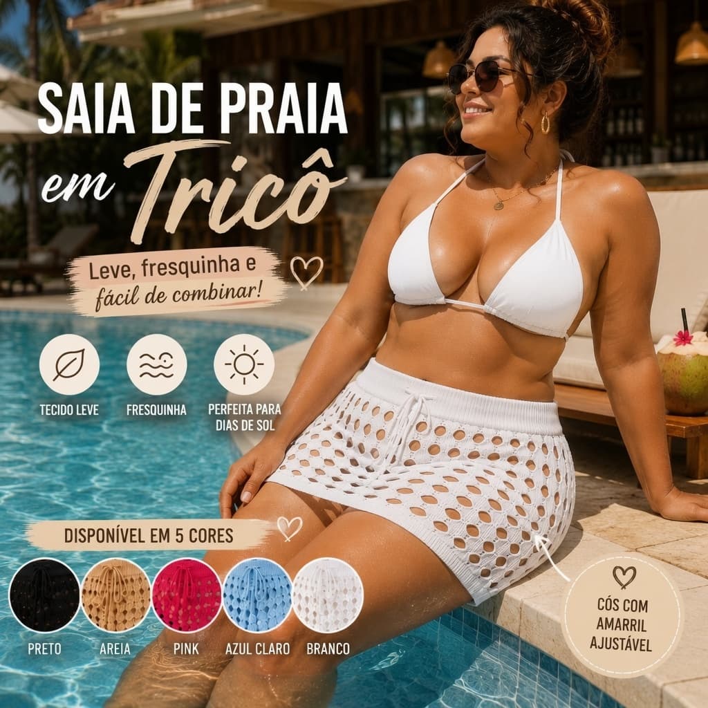 Saída de Praia Saia Feminina Tricot Plus Size Crochê Moda Verão Praia Piscina Tamanho Grande M e G1