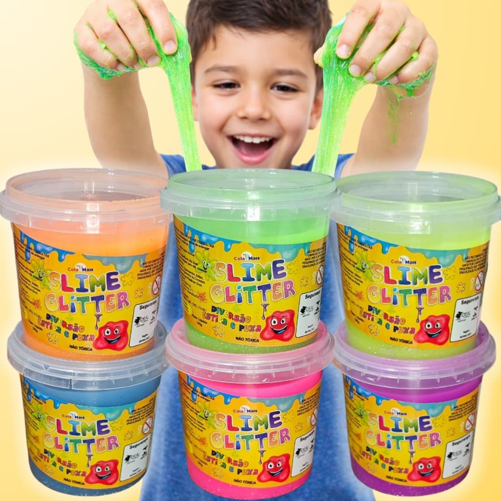 Kit 6 Slime Brilhante Puxa Puxa Geleca Glitter Colorida Unissex para Crianças Brinquedo Diversão