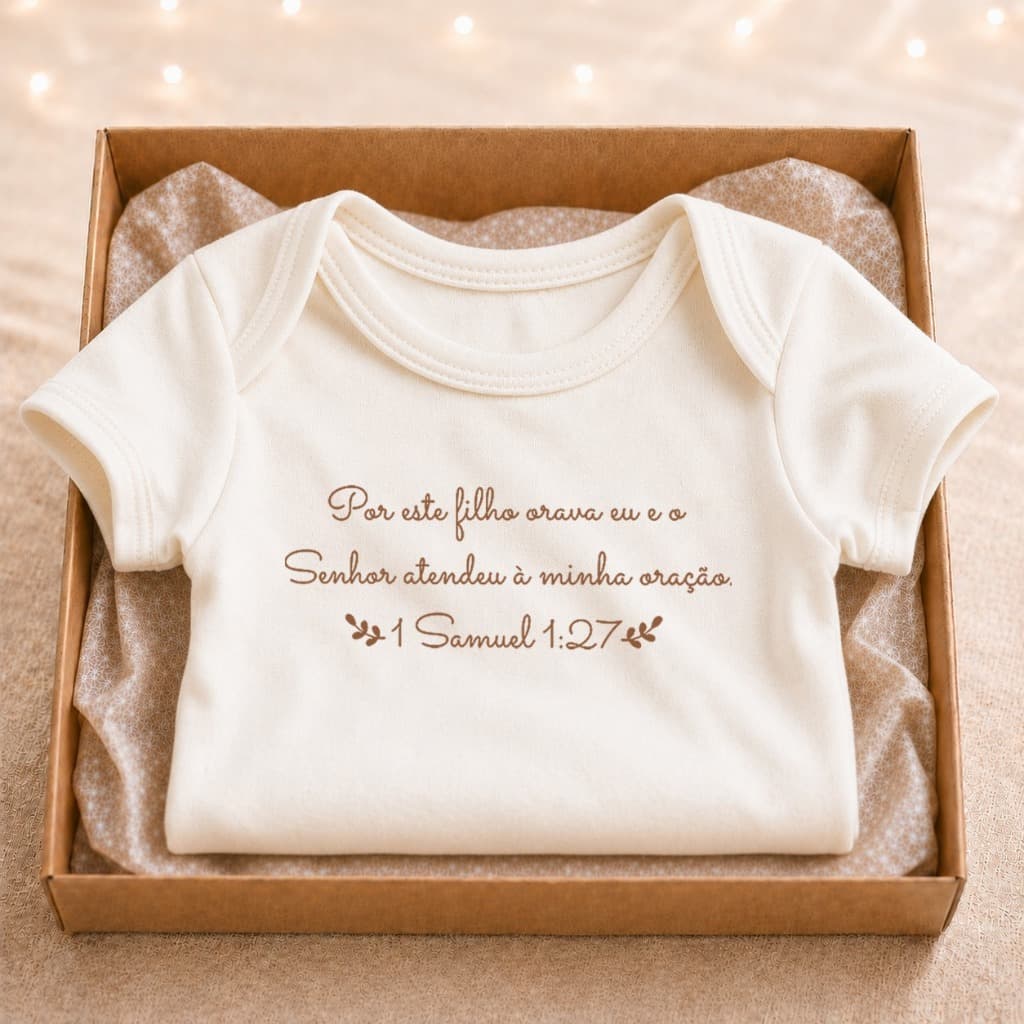 Body Frase "POR ESTE FILHO ORAVA EU" 1 Samuel 1:27 Anúncio e Revelação da Gravidez Cristão Profético Off White