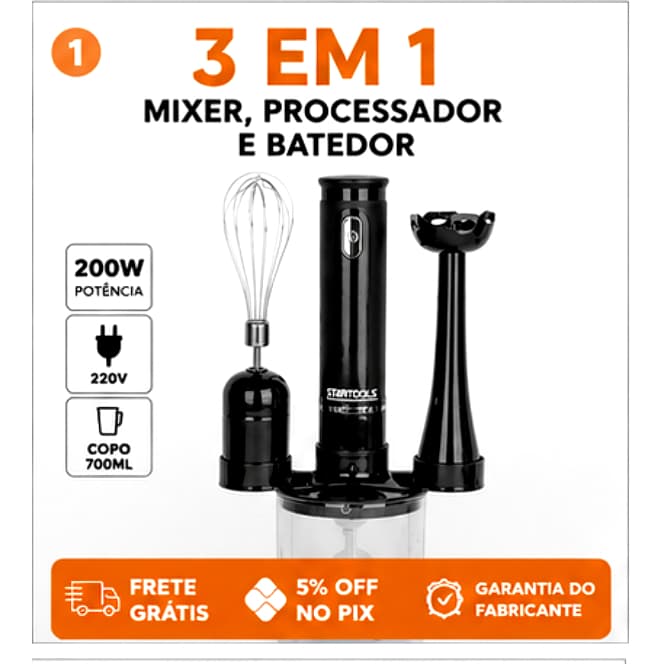 Kit Mixer Processador e Batedor de Alimentos 3 em 1 Startools 220V 200W com Fouet e Copo 700ml