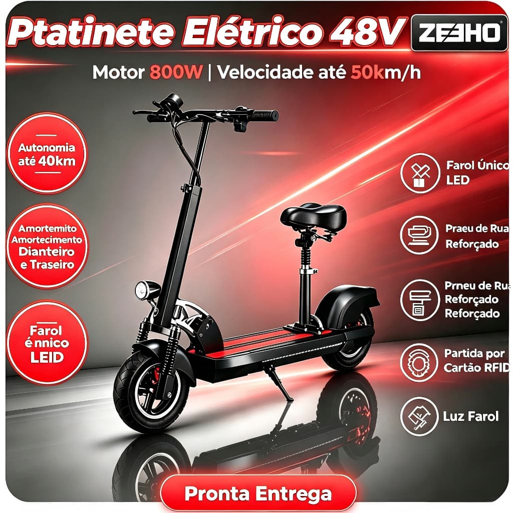Patinete Elétrico Dobrável 800W 48V 10Ah Com Assento, Amortecimento Duplo, Velocidade 50km/h, Autonomia até 50km