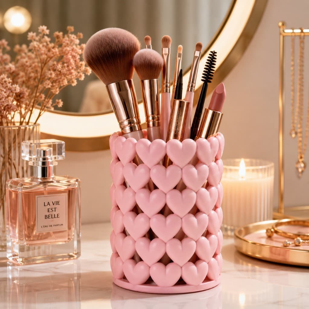 Porta Pincéis Maquiagem Porta Canetas Organizador de Mesa Decorativo Coração Penteadeira Escritório