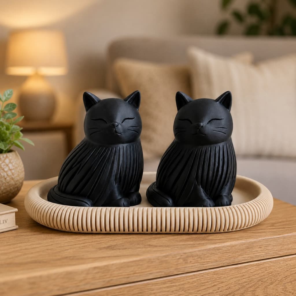 Kit Gatos Decorativos Preto com Bandeja Minimalista Enfeite para Sala Quarto e Escritório