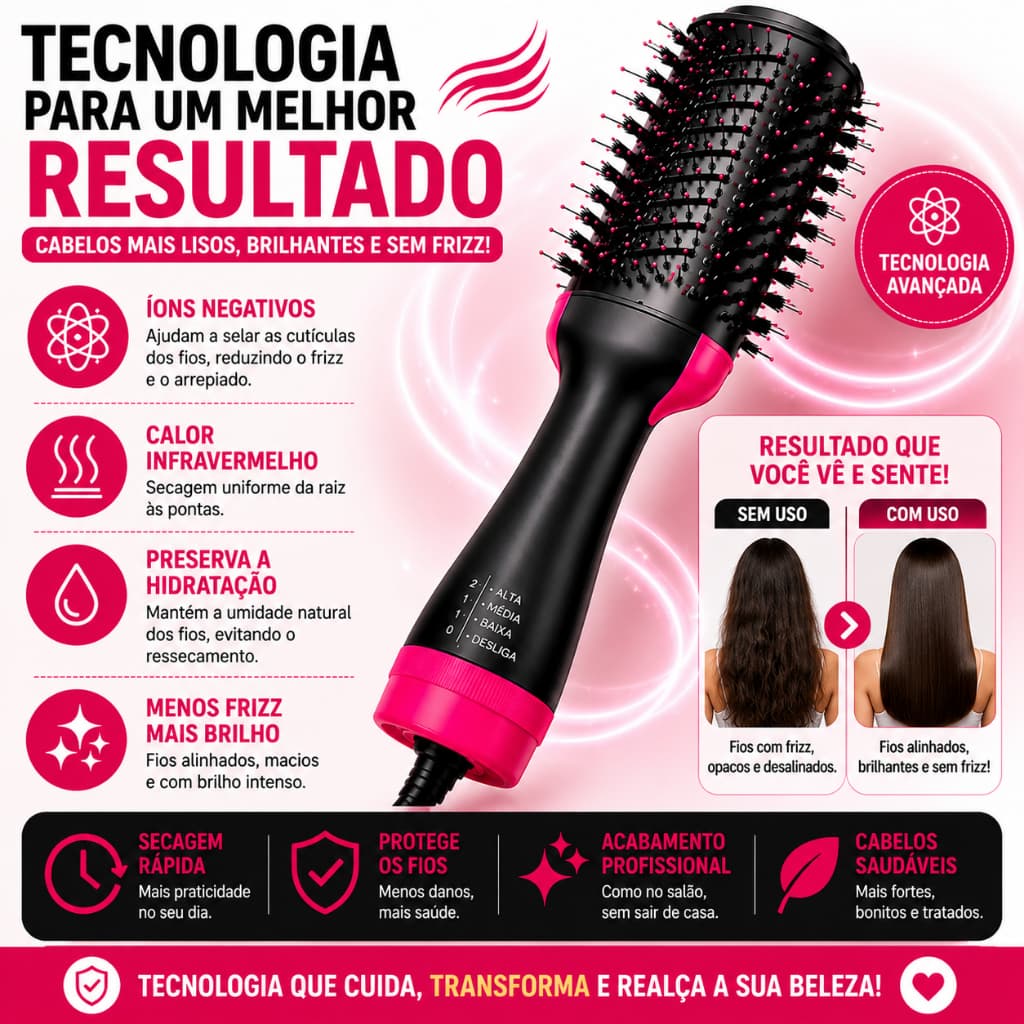 Escova Secadora 3 em 1 Bivolt Profissional Seca Alisa Modela Cabelos Sem Frizz