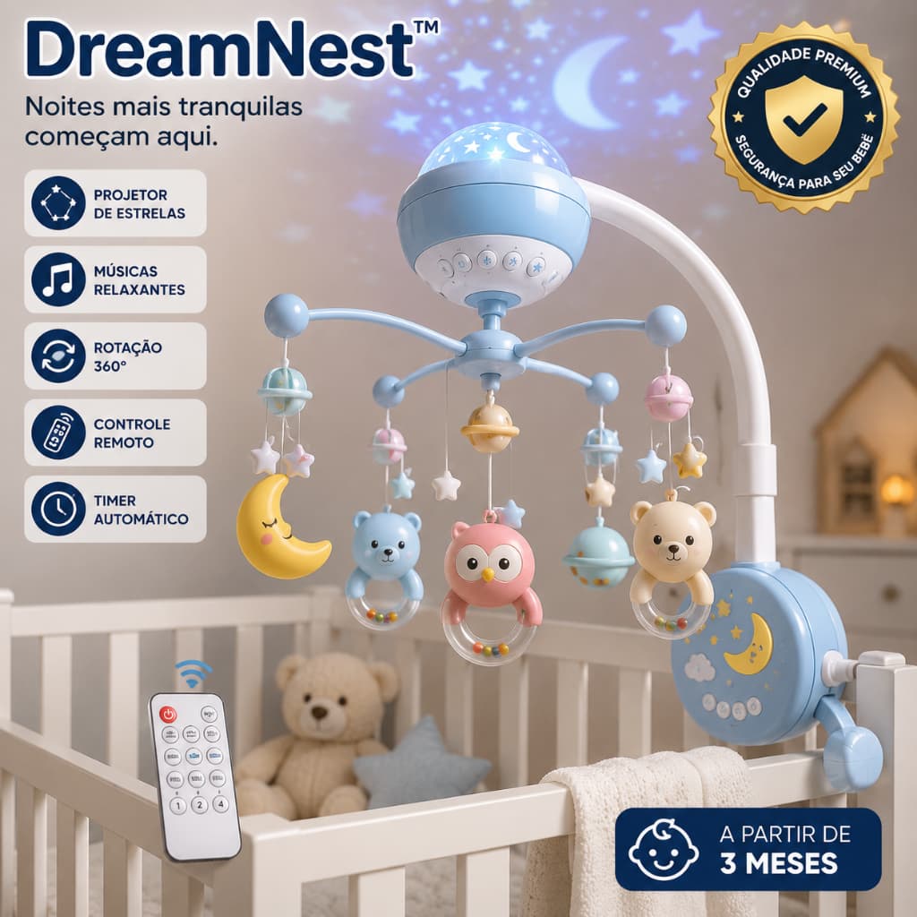Mobile Musical para Berço DreamNest™ com Projetor de Estrelas, Controle Remoto, Rotação 360°, Luz Noturna, Timer e Músic