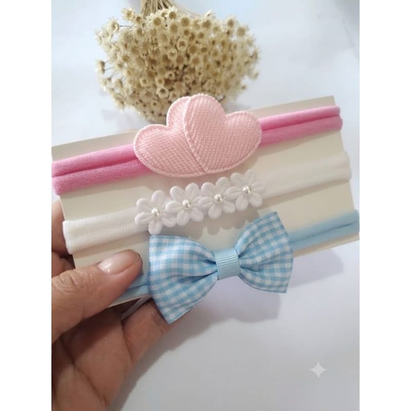 Kit 3 Faixinhas de Bebê RN Menina | Faixa de Cabelo Recém-Nascida Laços e Flores Macias Delicadas Presente Enxoval