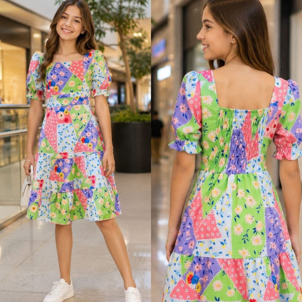 Vestido Juvenil Estampado com maquinha saia com forro verão roupa de adolescentes 8 ao 16 anos