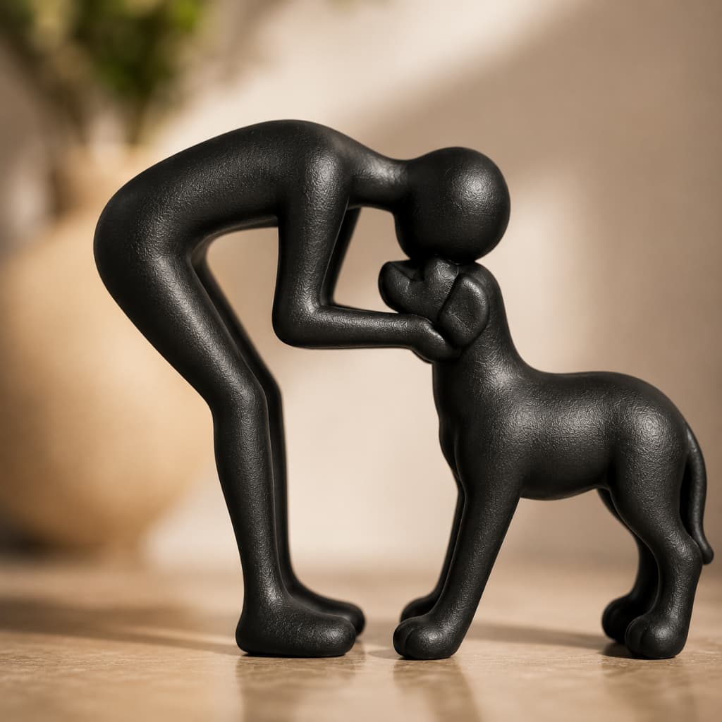 Escultura Decorativa Homem e Cachorro Minimalista Enfeite Sala Estante Presente Pet