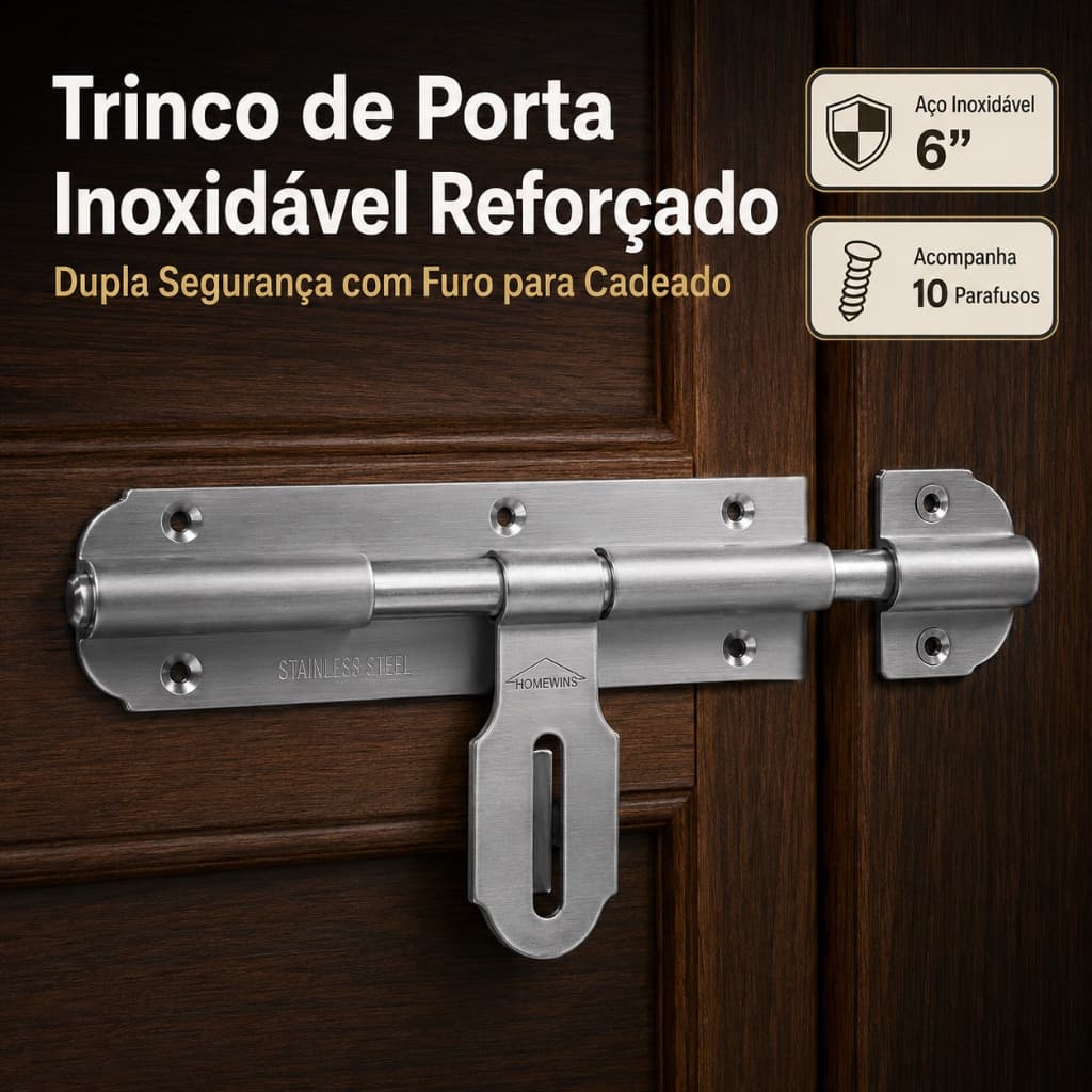 Trinco de Porta Inoxidável Reforzado 6" com Dupla Segurança e Furo para Cadeado Acompanha 10 Parafusos Aço Inoxidável