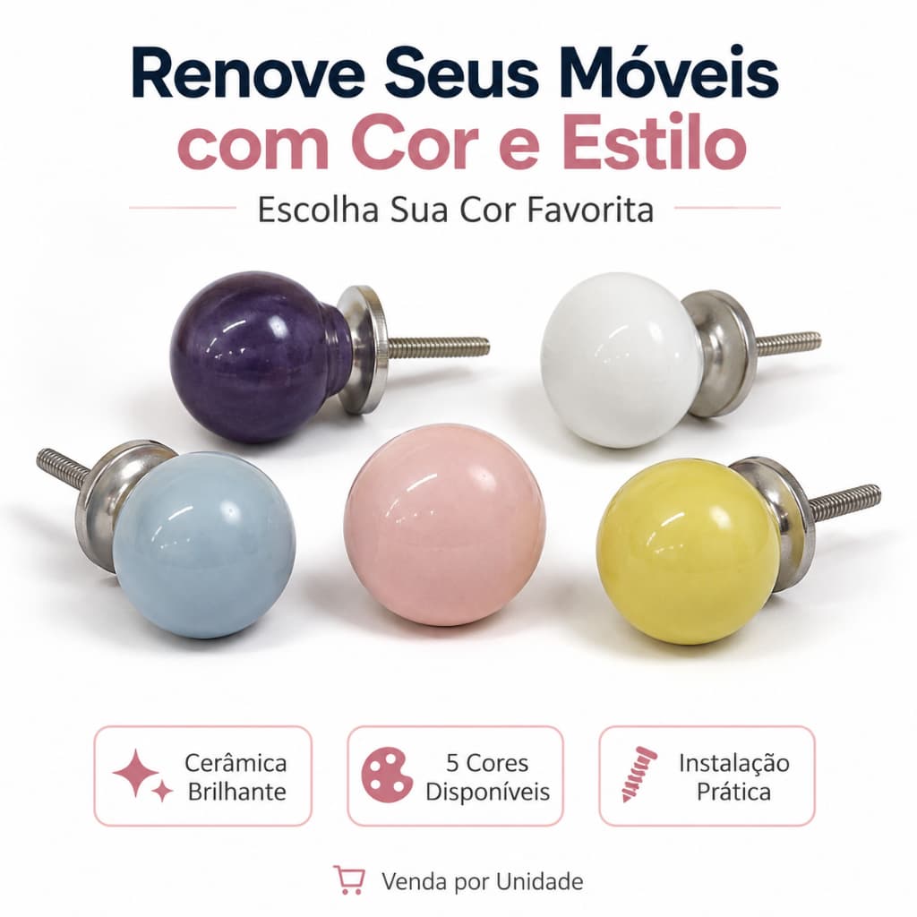 Puxador Redondo Liso Cerâmica Decorativo Esmaltada