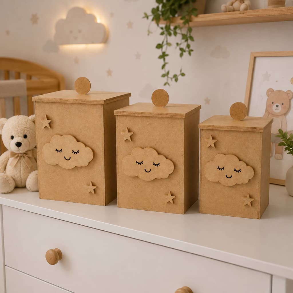 Trio de Potes Nuvem com tampinha no MDF cru DESMONTADO Para kit Higiene bebê Decorações artesanato em geral