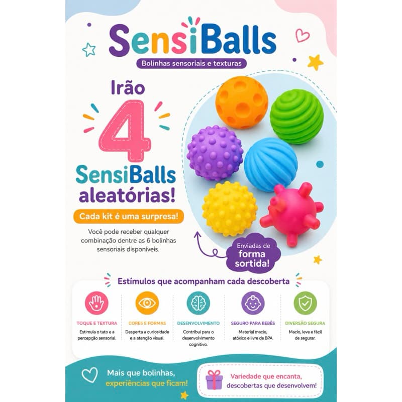 Kit 4 Bolas Sensoriais Aleatórias para Bebê SensiBalls Brinquedo Sensorial com Texturas e Cores Sortidas