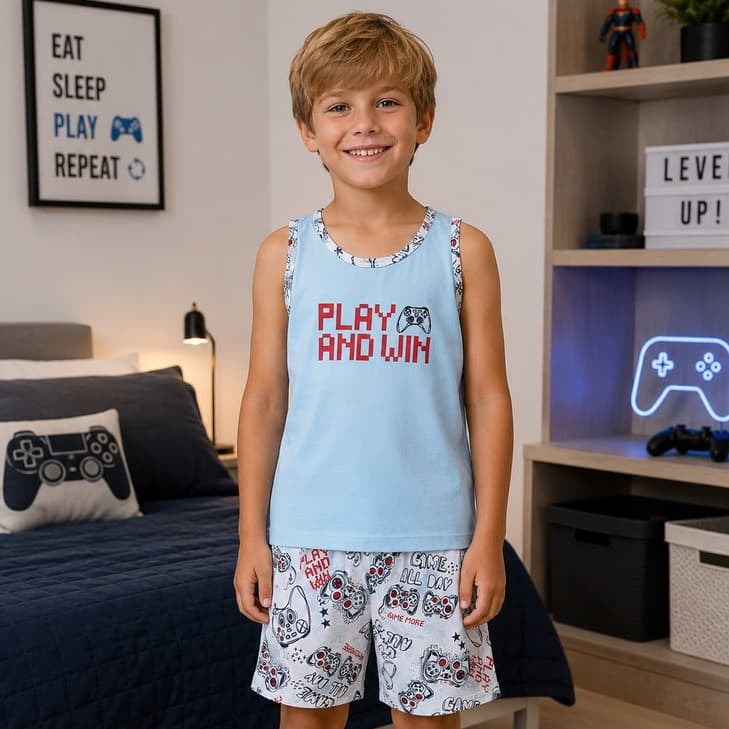 Pijama Infantil Masculino Menino Conjunto Regata Camisa Short Envio Rápido Promoção