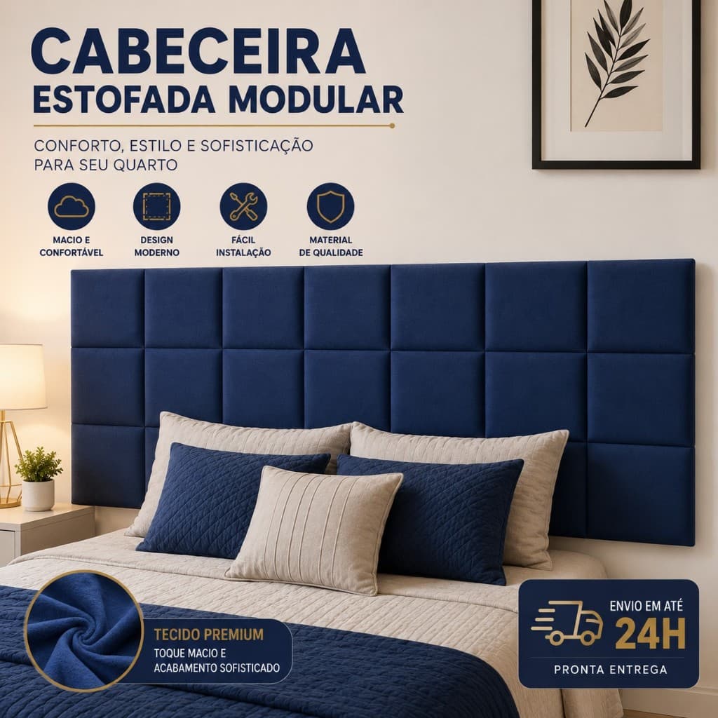 Cabeceira Estofada Modulada 40x30 Autoadesiva Premium Solteiro Casal Queen King Painel Decorativo