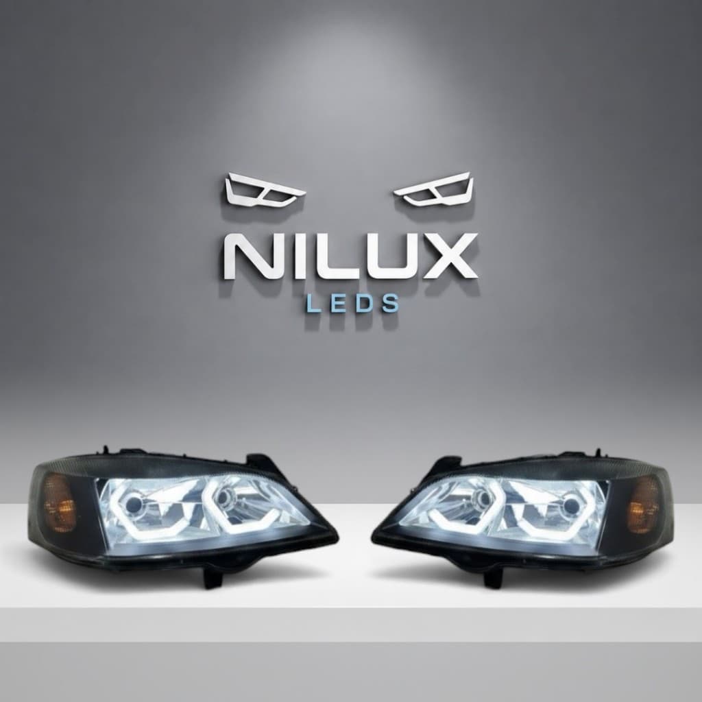 Farol Astra Personalizado com Angel Eyes Modelo BMW Máscara Negra e Pisca Âmbar Novo Ambos Lados