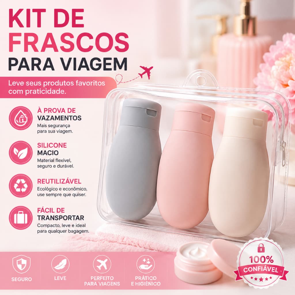 Kit 3 Frascos 60ml Com Recipientes Reutilizáveis e Laváveis de Plástico para Álcool, Shampoo, Cremes, Sabonete