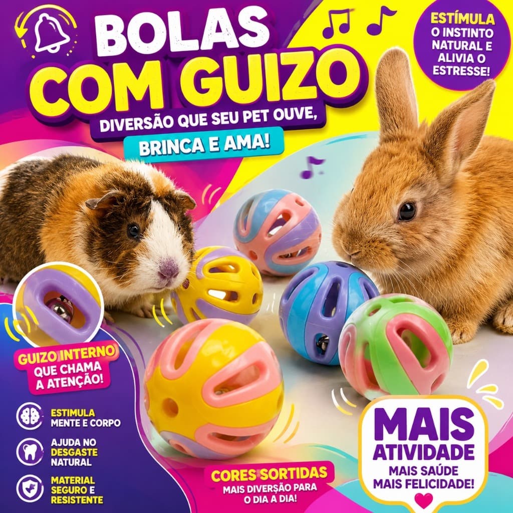 Bola para Roedores com Guizo | Brinquedo Seguro para Coelhos, Chinchilas e Porquinhos-da-Índia