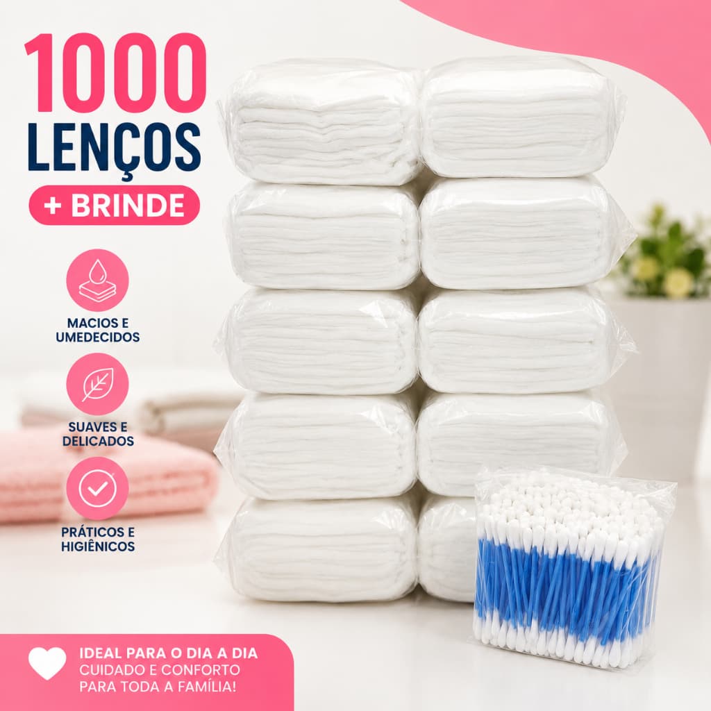 Toalha umedecida 1000 unidades + Brinde Total: 1000 lenços umedecidos + cotonetes