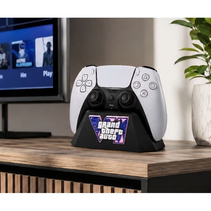 Suporte para Controle PS4 e PS5 com Tema GTA VI Preto | Base de Mesa Resistente e Compacta