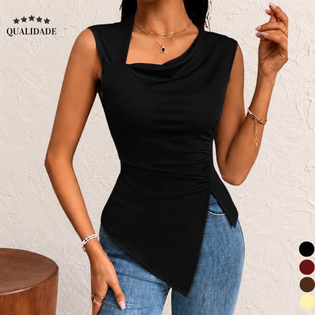Blusa Assimétrica Feminina Moda Gringa Regata De Bico Com Fenda Decote Reto Básica Blusinha  Verão