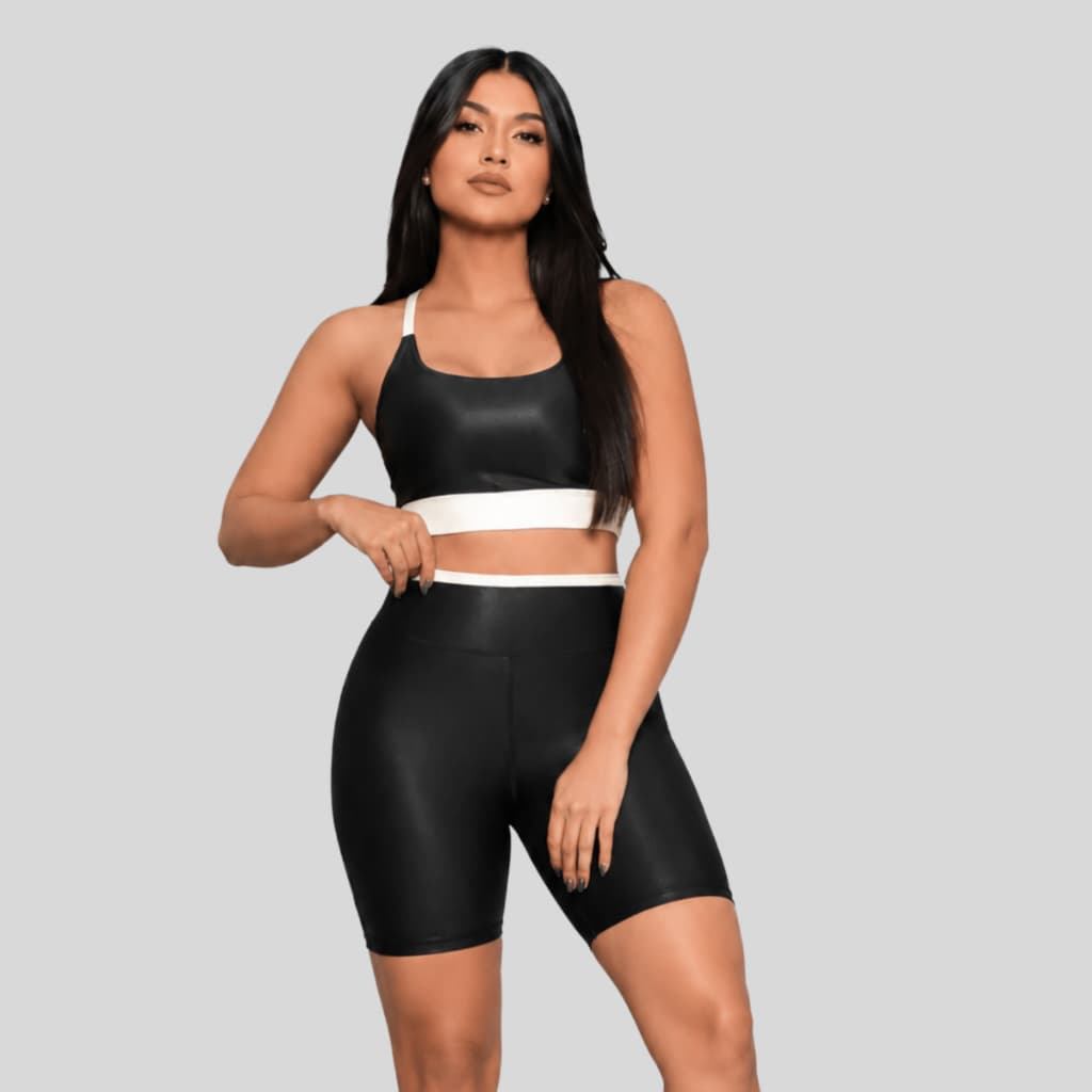 Conjunto Short e Top Com Bojo Academia Fitness Legging Feminino Cintura Alta Bicolor