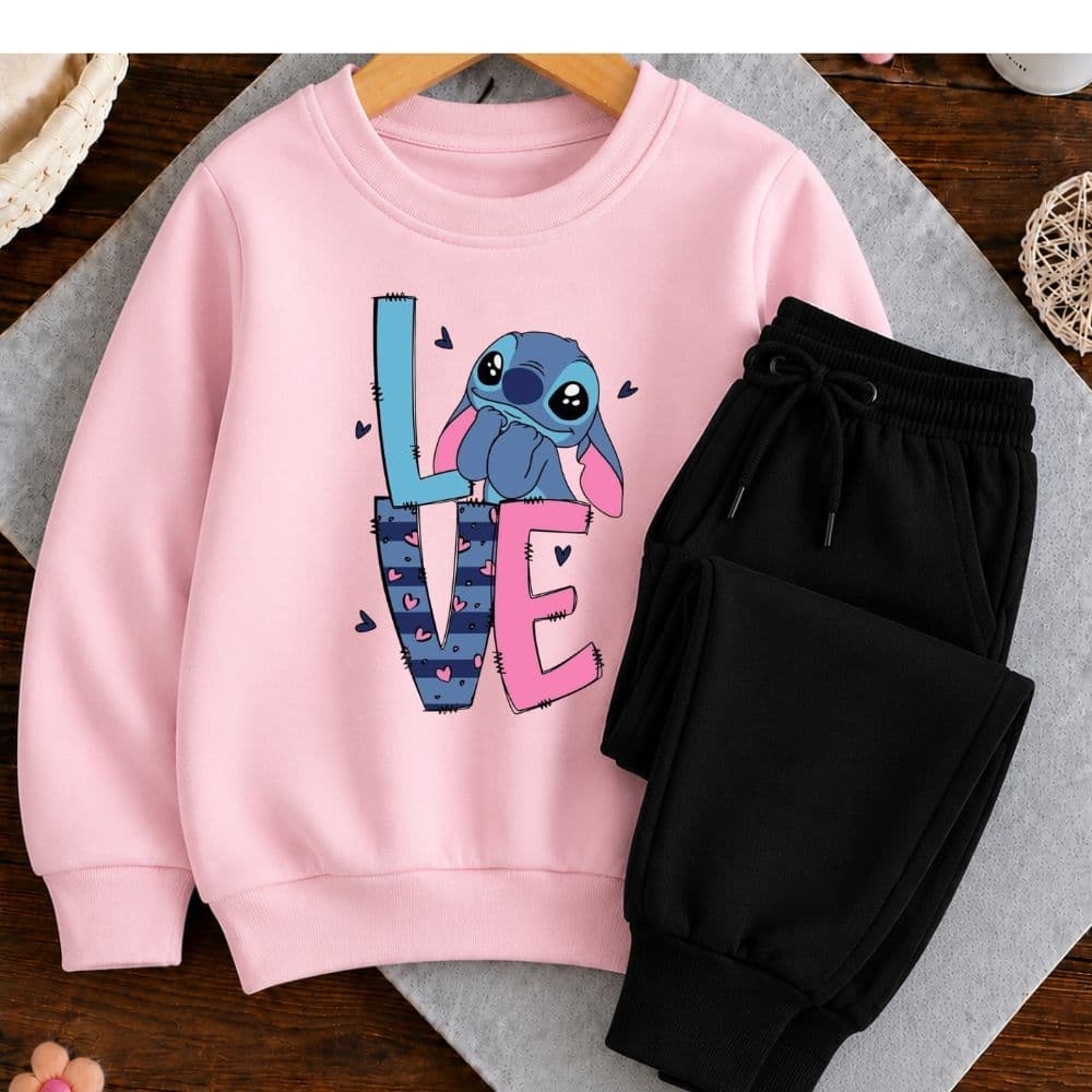 Conjunto moletom infantil e juvenil meninas stitch love blusa de frio careca e calça moletom premium