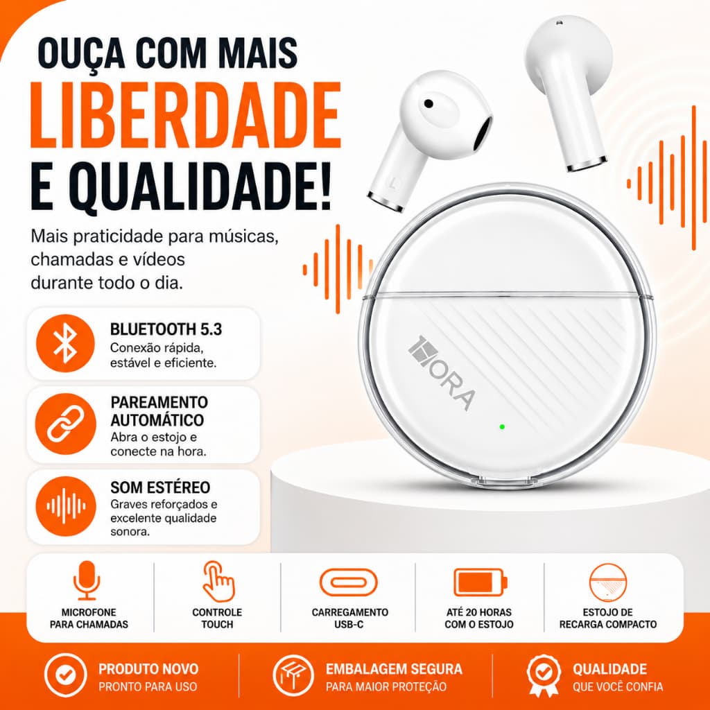 Fone de Ouvido Bluetooth 5.3 TWS 1HORA AUT209 com Microfone Intra Auricular USB-C Branco