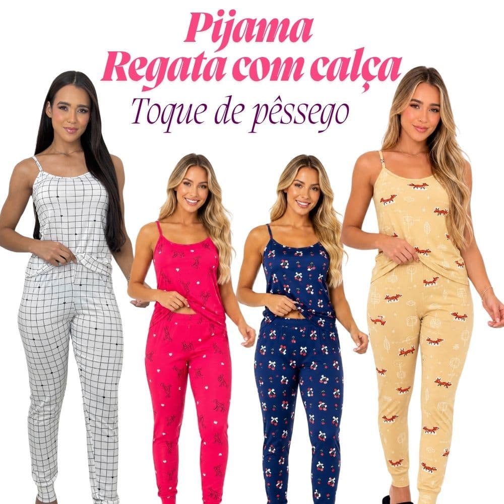 Pijama Feminino Regata com Calça para Dormir Estampado Confortável na Malha Toque Macio(Raposinha,GG)