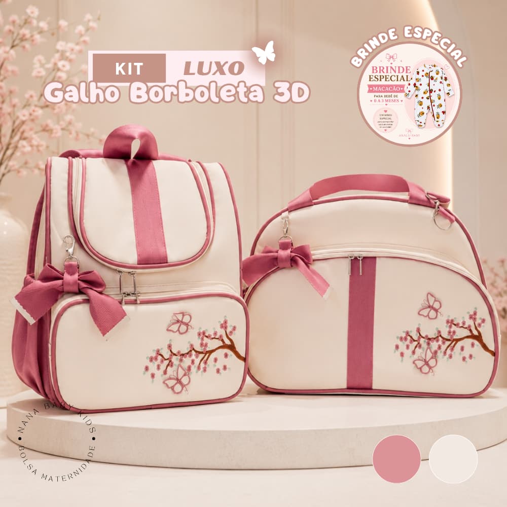 Kit Maternidade Bordado galho com borboleta 3D MENINA - Rosa Goiaba (GANHA UM MACACÃO DE BRINDE)
