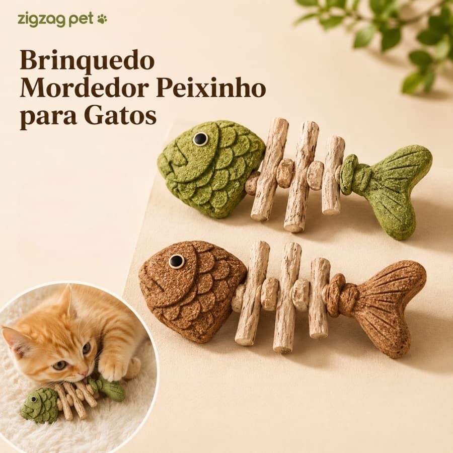 Brinquedo Mordedor para Gatos Peixe com Catnip e Matatabi Higiene Dental Antiestresse