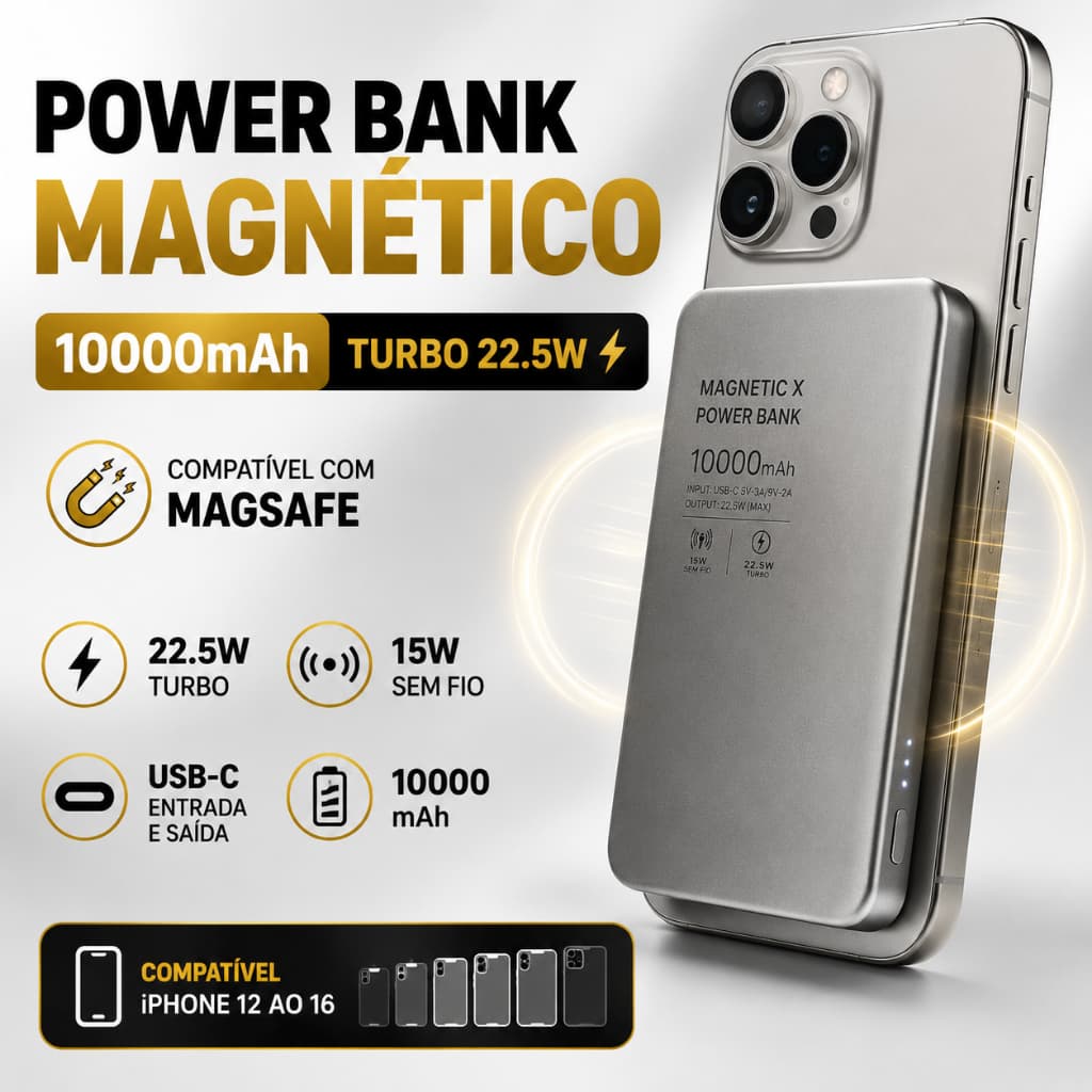 Power Bank Magnético MagSafe 10000mAh 22.5W Turbo Alumínio USB-C A´GOLD