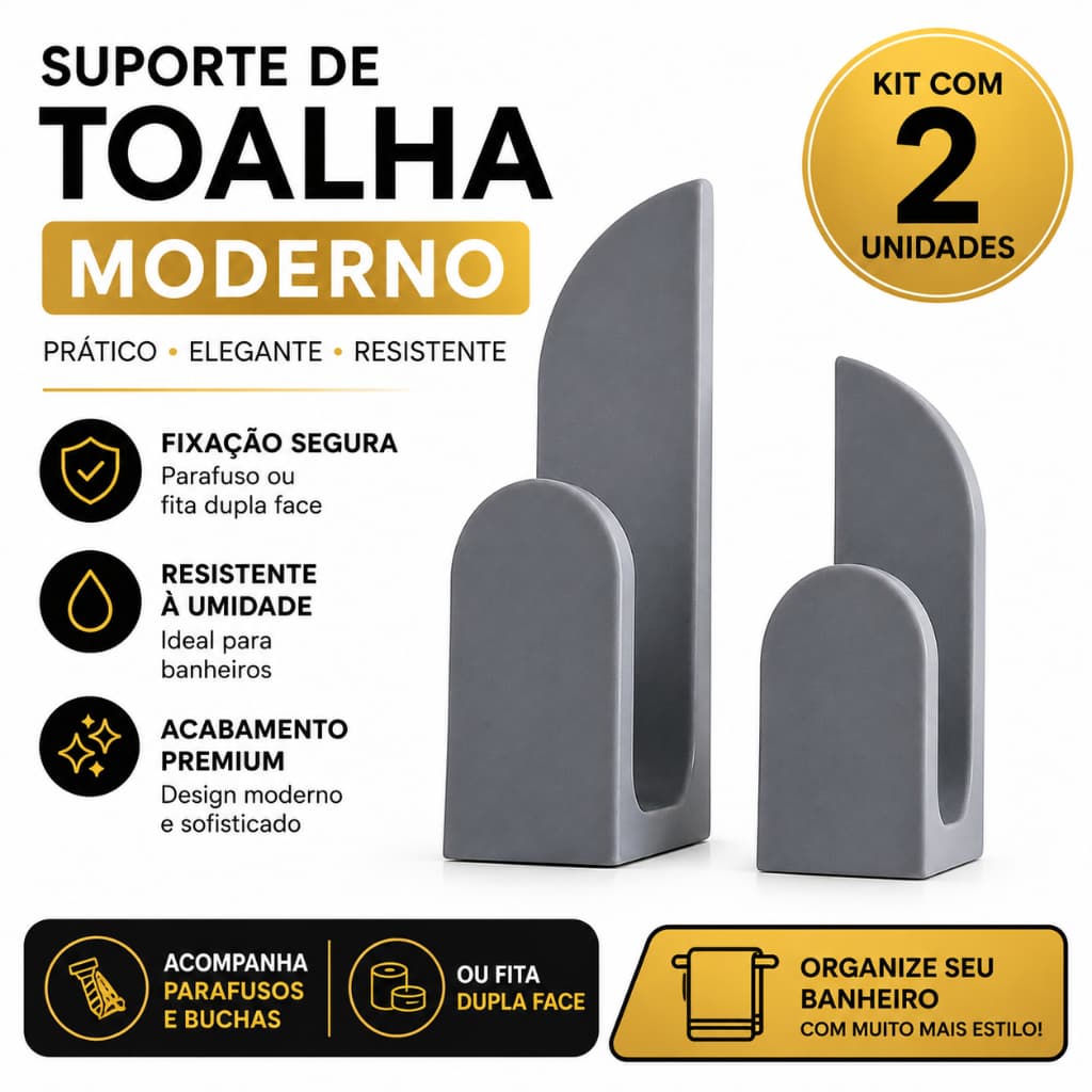 Suporte Toalha Duplo Kit 2 Ganchos Banheiro Minimalista Parede Dupla Face ou Parafuso