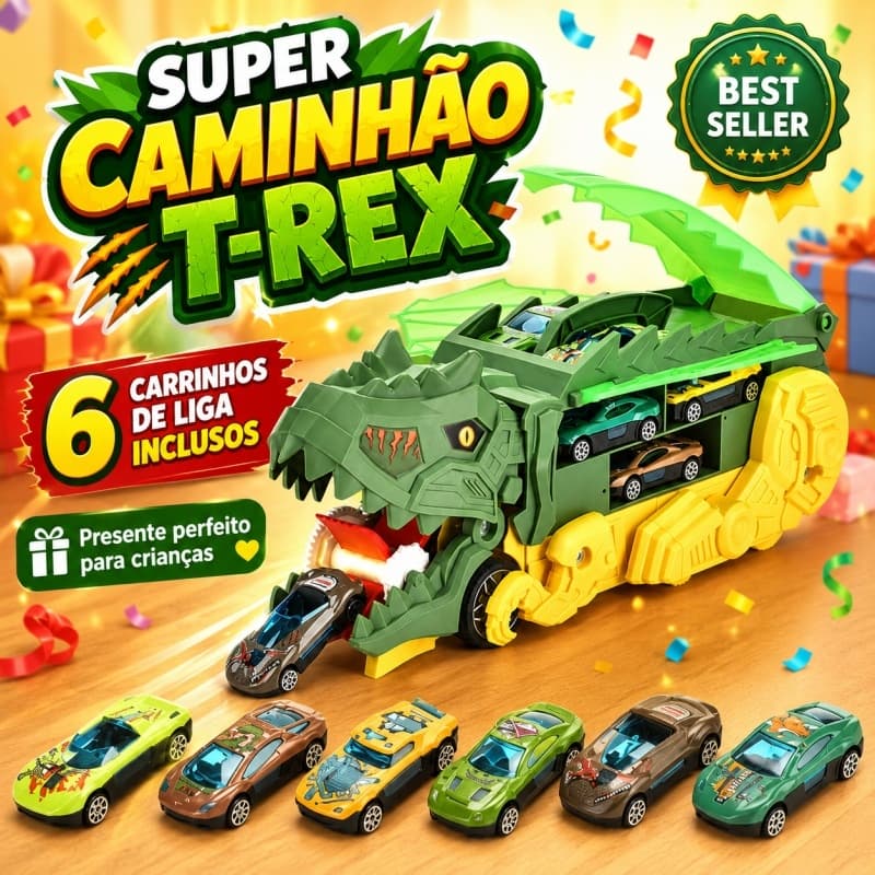Caminhão Dinossauro T-Rex 4 em 1 com Armazenamento e 6 Carrinhos de Liga