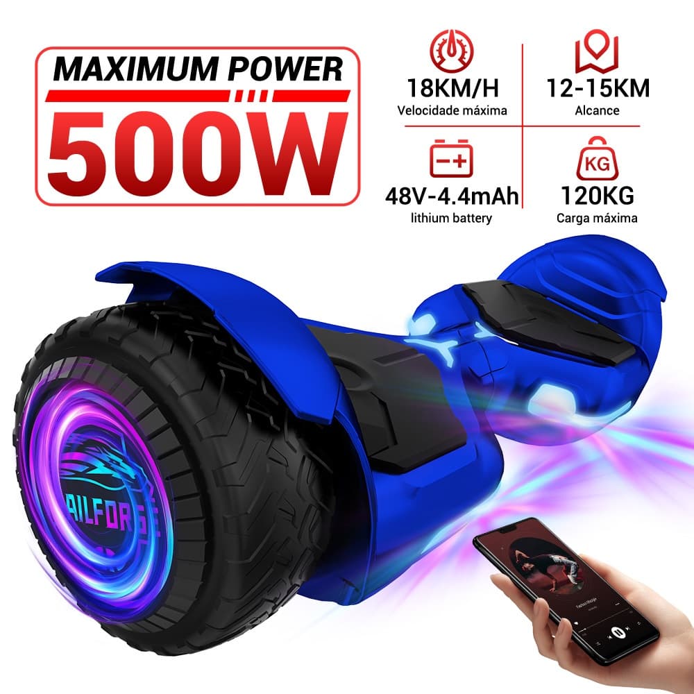 TRAILFORGE Hoverboard 6.5" 600W 15km/h Presente infantil com música Bluetooth Brinquedos infantis
