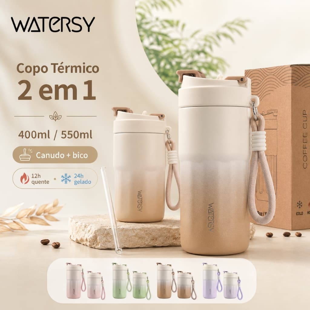 Watersy Copo Térmico 400ml 550ml 2 em 1 com Canudo Inox 316 Antivazamento Portátil para Café Água