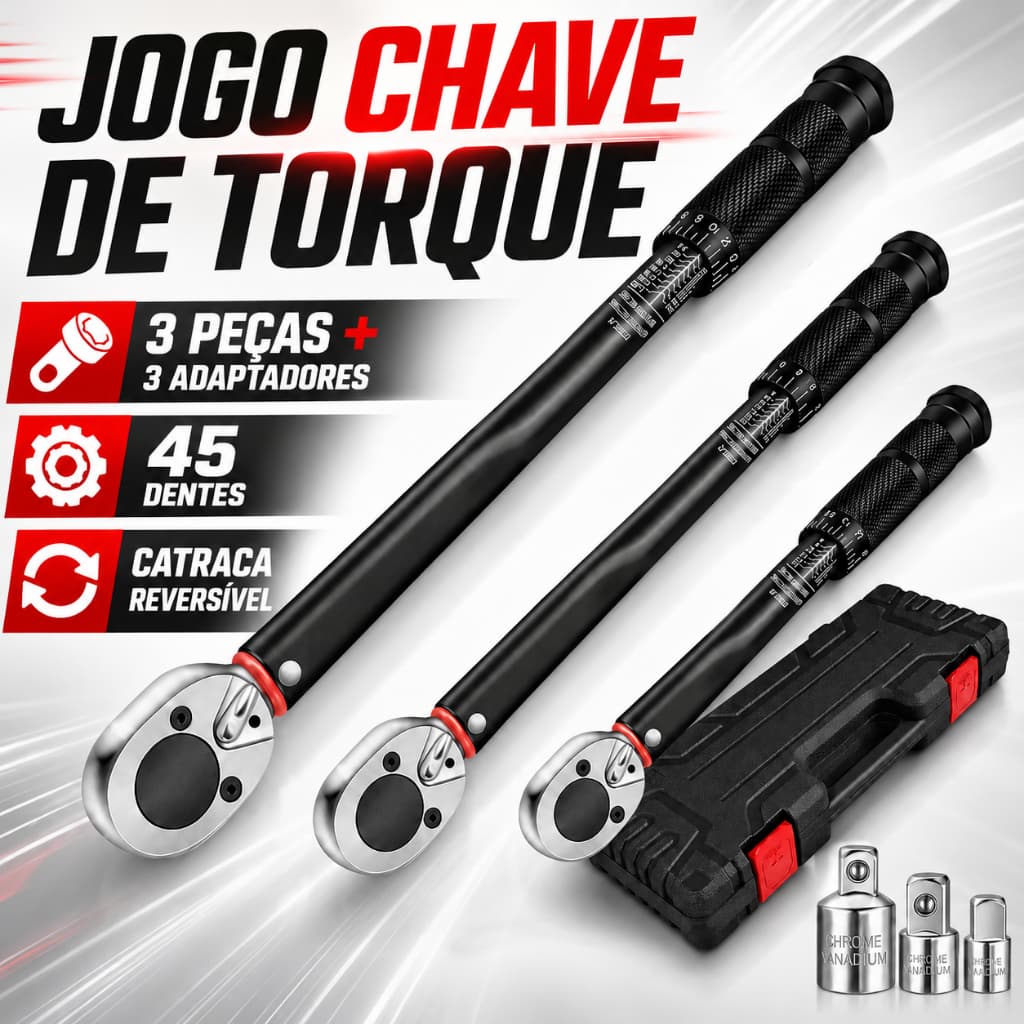 Chave Torquímetro Profissional Kit 3 Peças com 3 Adaptadores 1/4 3/8 1/2 Catraca Reversível para Auto Moto Bike