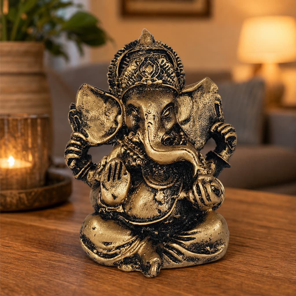 Ganesha Hindu Deus Sorte Prosperidade Sabedoria Resina 9,5cm Decoração Sala Escritório Paz Zen