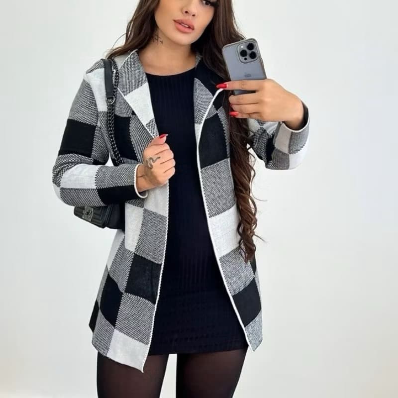 Casaco Cardigans Xadrez Sobretudo Tricô Inverno