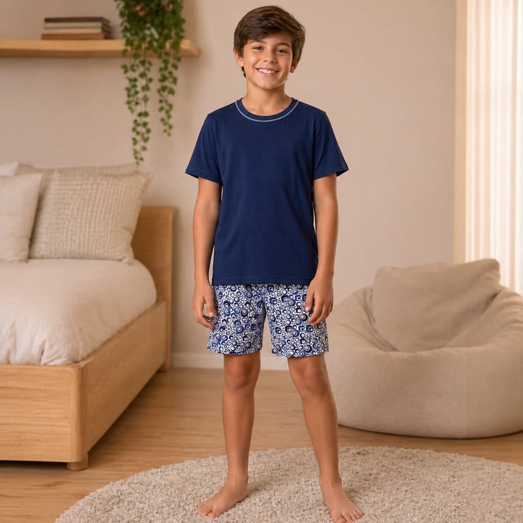 Pijama Infantil Masculino Menino Conjunto Camiseta Manga Curta e Bermuda Estampada Verão