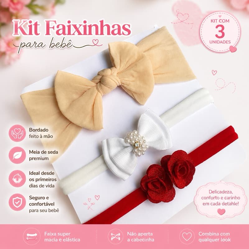 kit com faixa larga turbante laço para bebê 0 a 2 anos