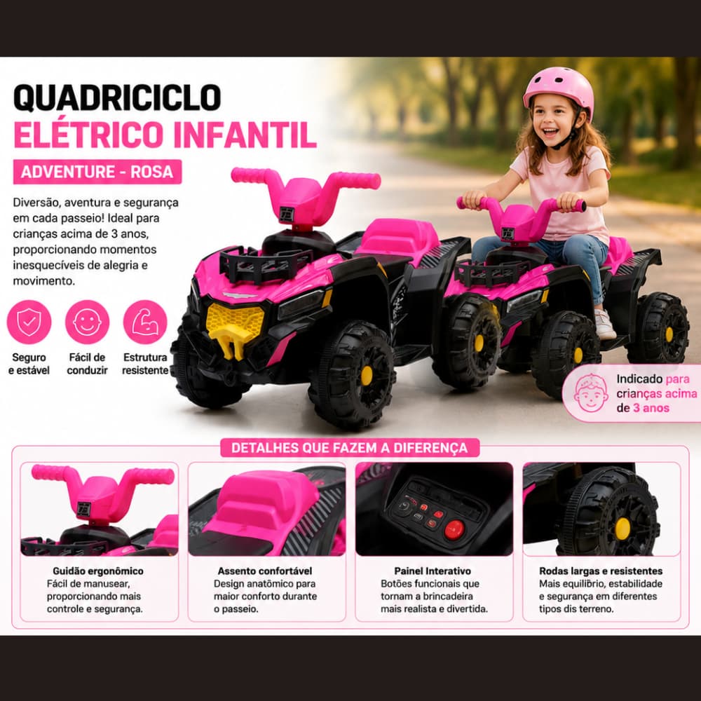 Quadriciclo Infantil Elétrico Adventure Rosa, suporta até 25 Kg com Luz e Som