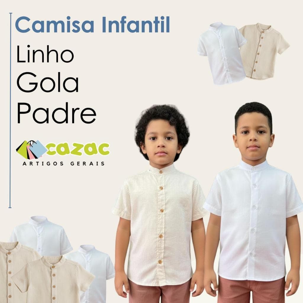 Camisa Linho Infantil Gola Padre Social Juvenil Premium 2 a 10 Anos Oferta Elegante Festas Batizado