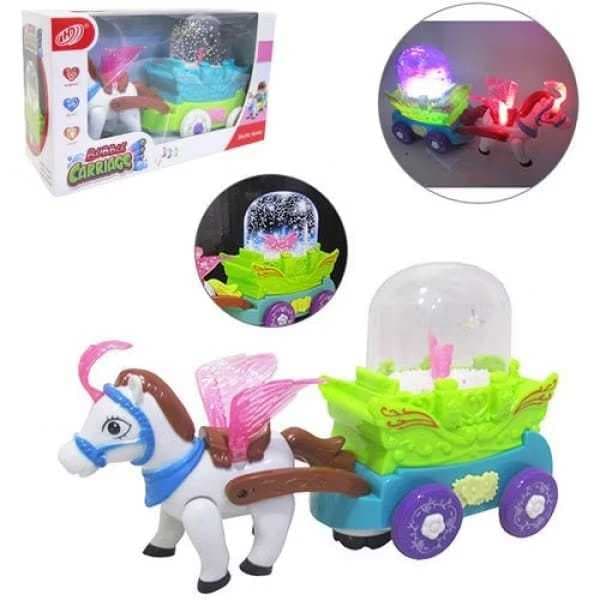 Cavalo  Unicórnio Robô De Brinquedo Com Luzes Led Movimento E Som Com Carruagem