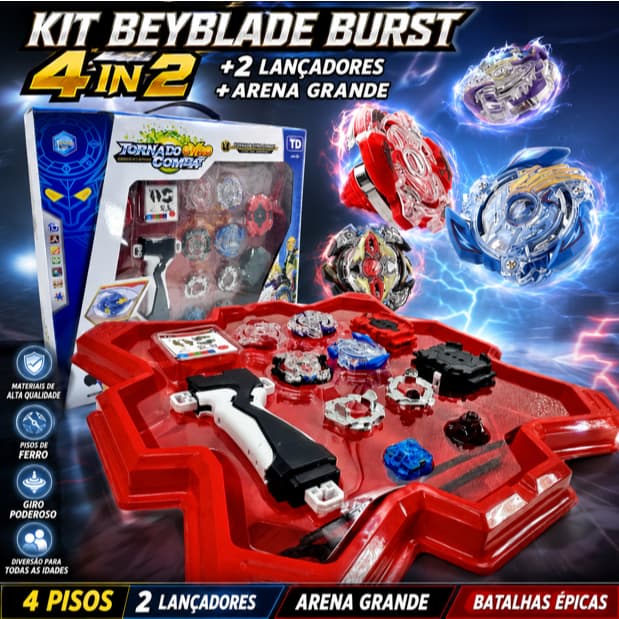 Kit Beyblade Burst Profissional 4 Combinações, 2 Lançadores, Arena Grande e Pião de Ferro Infantil