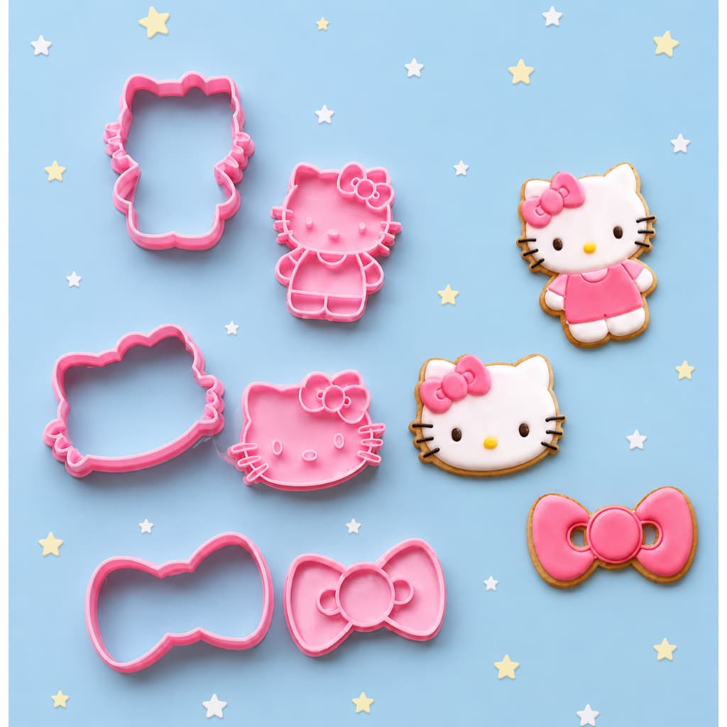 Kit 3 Cortadores de Biscoito Bolacha Pasta Americana + Carimbos Hello Kitty 6cm