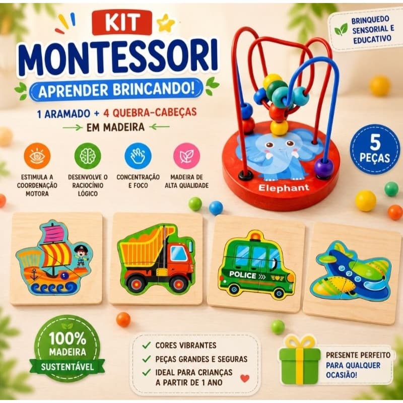Kit Sensorial Montessori 5 Peças de Madeira Infantil Brinquedo Pedagógico Educativo para Crianças