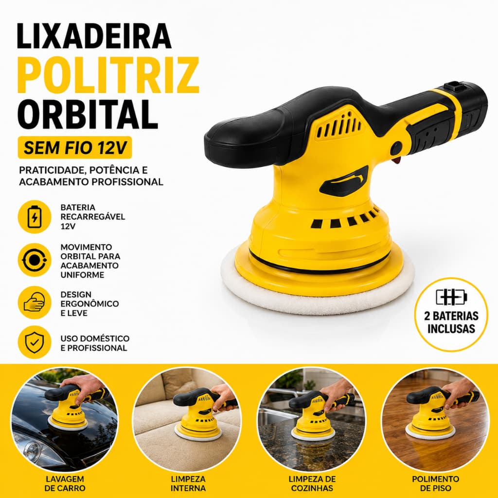 Lixadeira Politriz Orbital 12V Sem Fio  para Polimento Automotivo, Limpeza  Acabamento BOM9711