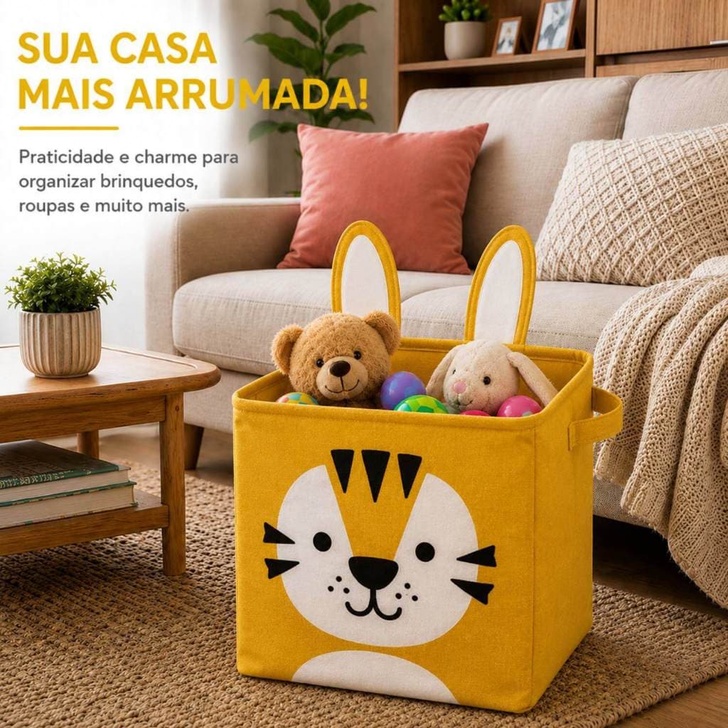 Cesto Organizador Infantil com Alça Dobrável e Tampa Para Pelúcias e Brinquedos Grande Dobravel