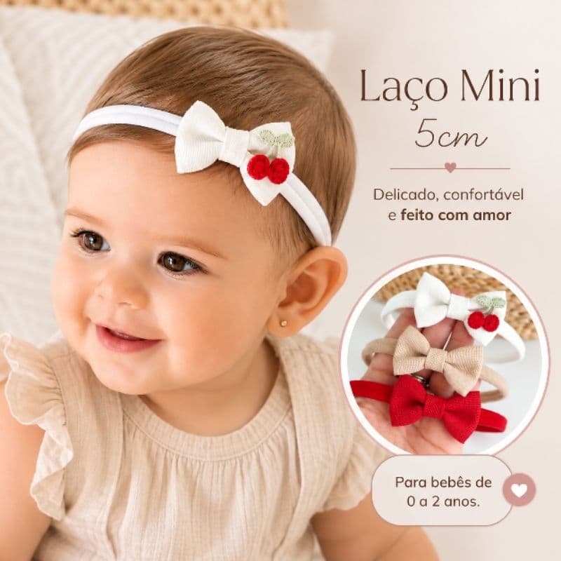 Kit Faixinha Bebê 3 Mini Laços de Linho Cereja Minimalista RN