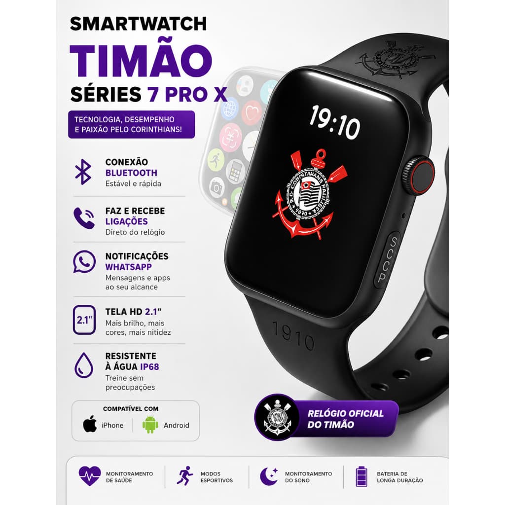 Smartwatch Timao Séries 7 Pro X Tela HD Conectividade Bluetooth Relógio Do Timão Oficial Licenciado